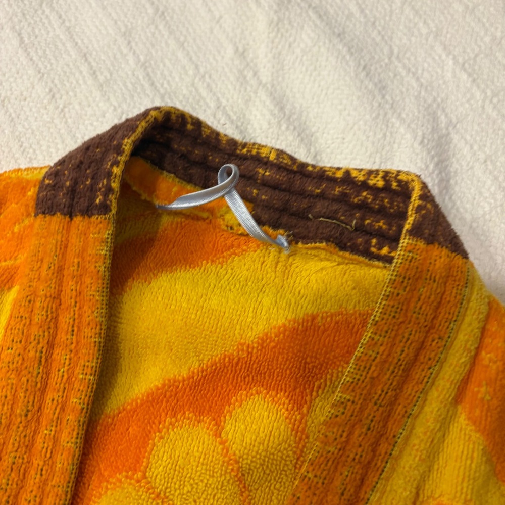 Vintage 70s Terry Cloth Robe Yellow Orange Psychedelic Belted Kimono Towel - Picture 5 of 7